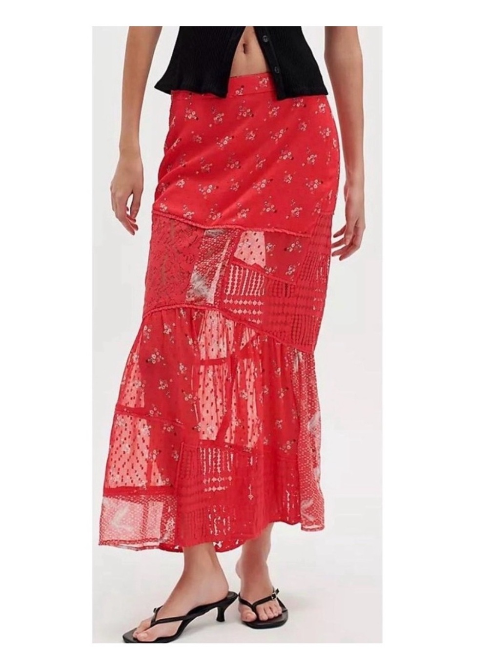 Free People Daniella Maxi Skirt Red Lace Sheer Patchwork Floral Tiered XS